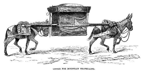 A litter carried by donkeys, used for travelling in mountainous areas of Mongolia. From “Sunday at Home - A Family Magazine for Sabbath reading, 1883”, published by the Religious Tract Society, London.