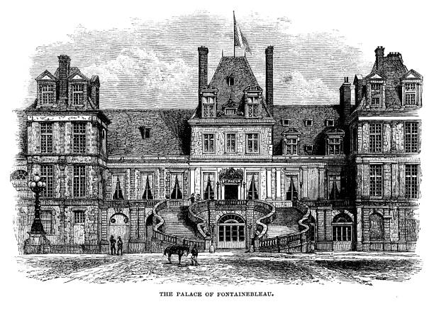 The Palace of Fontainebleau, France - 19th century engraving Part of the Palace of Fontainebleau (Chateau de Fontainebleau) in France. From “Sunday at Home - A Family Magazine for Sabbath reading, 1883”, published by the Religious Tract Society, London. chateau de fontainbleau stock illustrations