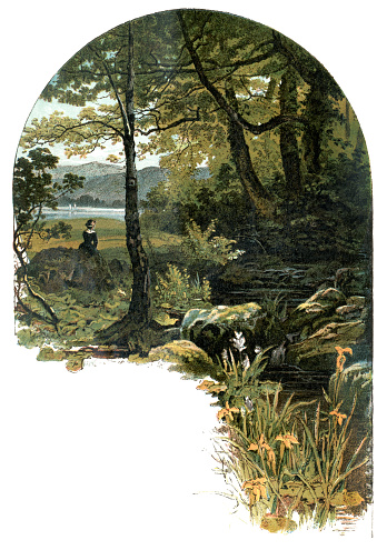 A young woman sitting in a tranquil woodland setting beside a rocky stream which runs into a nearby lake. From “Sunday at Home - A Family Magazine for Sabbath reading, 1883”, published by the Religious Tract Society, London.