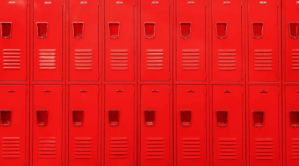 Red Metal Traditional School Lockers Row of metal school lockers. locker stock pictures, royalty-free photos & images