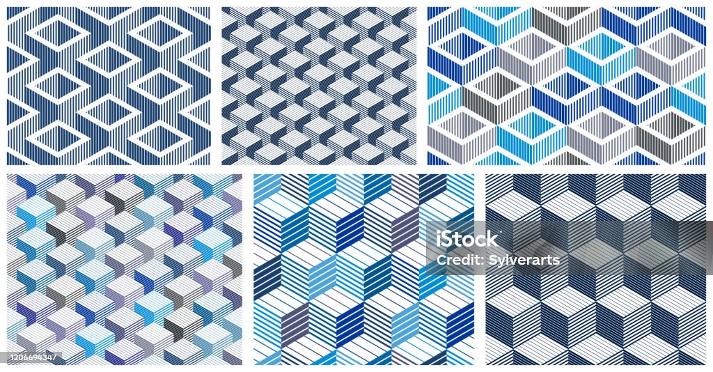Geometric 3d Seamless Patterns With Lined Cubes Stripy Boxes Blocks Vector Backgrounds  Set Architecture And Construction Wallpaper Designs Stock Illustration -  Download Image Now - iStock