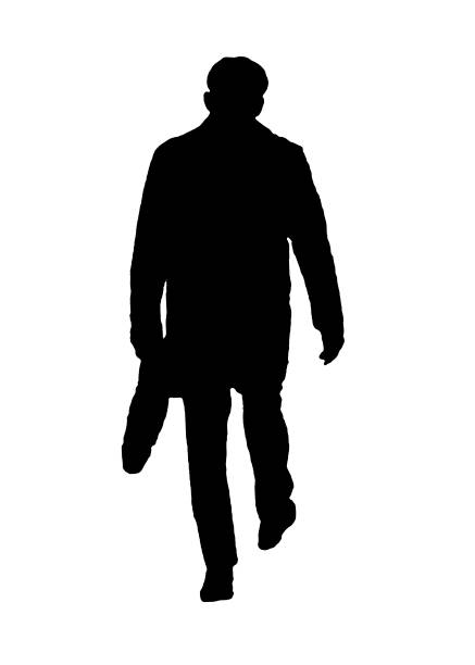 Back view isolated graphic silhouette of man walking while carrying briefcase