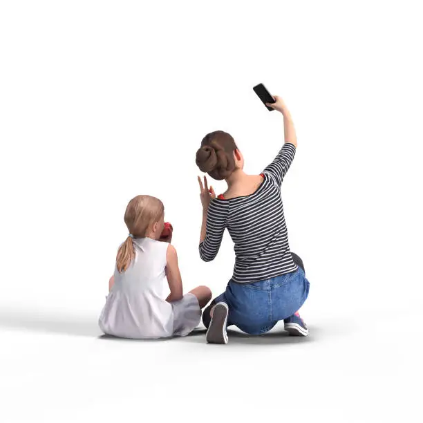 Photo of Back view of making selfied dauther and mom. Illustration on white background, 3d rendering isolated.