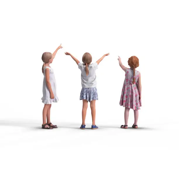 Photo of Back view of standing children. Illustration on white background, 3d rendering isolated.