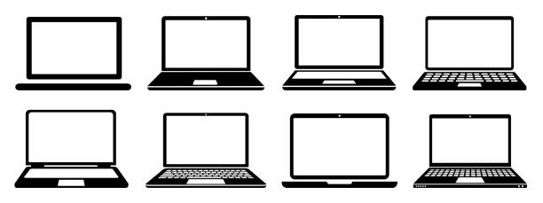 perangkat laptop mengatur tanda ikon, komputer kantor - vektor stok - laptop ilustrasi stok
