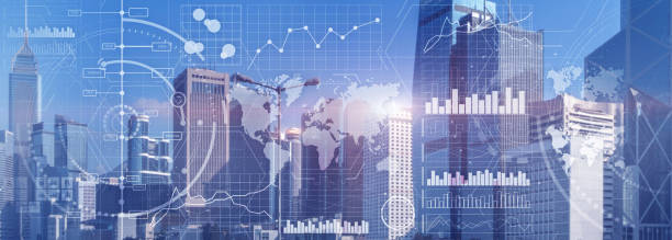 istock Business intelligence control interface marketing finance management city skyline view website panoramic heade banner. 1206704317