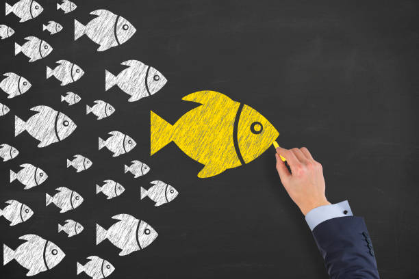 istock Human Hand Drawing Leadership Concepts with Fishes on Chalkboard Background 1206704463