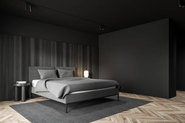 istock Minimalistic gray and wooden bedroom corner 1206705062