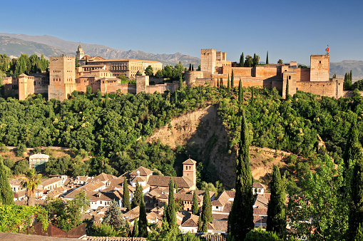 Spain Andalusia Granada View from Patio de la Acequia to Alhambra Overall view of Alcazaba City castle on the hill Sabikah.