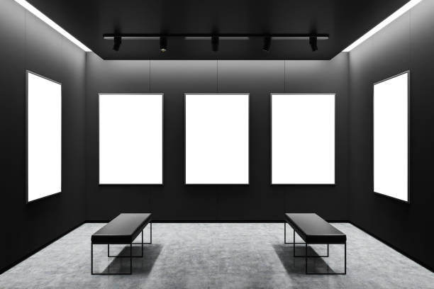 istock Black art gallery interior with mock up posters 1206705829