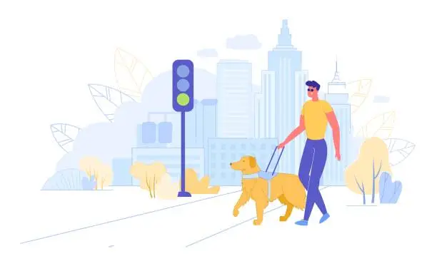 Vector illustration of Blind or Visually Impaired Man with Guide Dog.