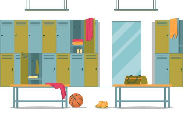ilustrações de stock, clip art, desenhos animados e ícones de locker room at school gym with all conveniences - sports team locker room