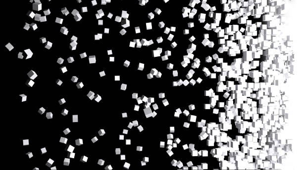 Pixel Snow particles falling 3D render Pixel explosion -snow particles fall exploding stark balck and white illustration graphic design disintegration stock pictures, royalty-free photos & images