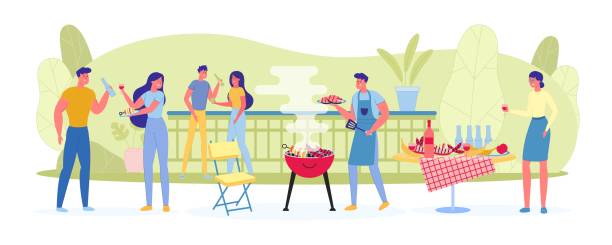 ilustrações de stock, clip art, desenhos animados e ícones de large company on picnic fries meat and vegetables. - friends party