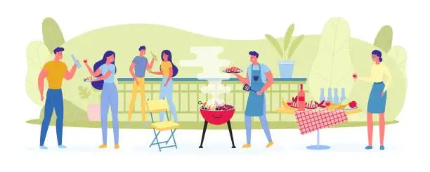 Vector illustration of Large Company on Picnic Fries Meat and Vegetables.
