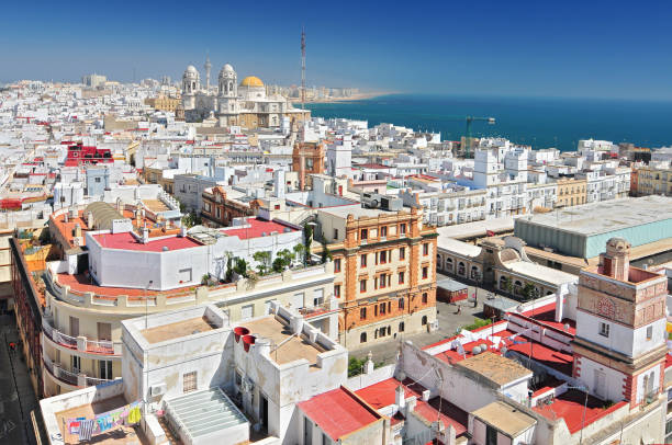 vista desde la torre tavira hasta la catedral de cádiz, también catedral nueva, cádiz, costa de la luz, andalucía, españa. - cadiz province fotografías e imágenes de stock