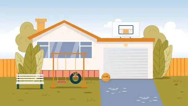 Vector illustration of Suburb House Exterior Backyard with Playground