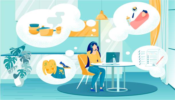 Thoughts Directed to Work and Household Chores. Thoughts Directed to Work and Household Chores. Girl Works and Thinks about Cooking Dinner, Buying Children's Clothes, her Young Child and Sign Contract with Client. She Sitting at Table in Kitchen. positive negative slide stock illustrations