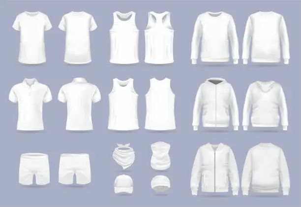 Vector illustration of Blank white collection of men's clothing templates. Realistic vector mock up shirt