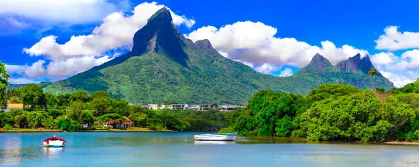 Photo of Beautiful nature and landscapes of Mauritius island. Rempart mountains view from Tamarin bay