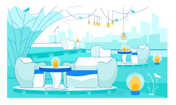 Music Restaurant with Place for Live Performances Music Cafe, Bar, Restaurant Interior. Place for Live Performances. Tables Served with Alcohol Drinks, Decorative Luminaire, Soft Armchairs, Sofas. Stage with Microphone on Stand. Vector Illustration indoors bar restaurant sofa stock illustrations