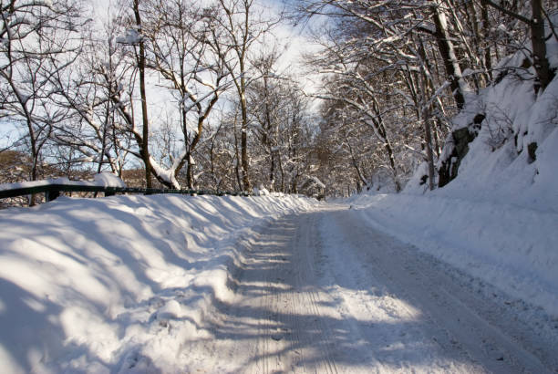 Snow Covered Roads in Ellicott City Maryland USA Snow covered roads in Ellicott City Maryland USA after a blizzard came through the area. The roads remained impassable even after some clearing. ellicott city maryland stock pictures, royalty-free photos & images