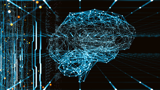 Digital background depicting innovative technologies in (AI) artificial systems, neural interfaces and internet machine learning technologies