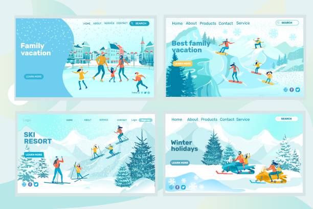 Best Solutions for Winter Holidays with Family Family Spending Weekend on Ice Skating Rink. Snowboarding with Kids in Winter Resort. Skiing in Snow-Covered Mountains. Riding Snowmobiles in Forest. Four Landing Pages with Copy Space for Extra Text. kids snow suits stock illustrations