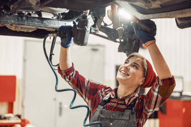 istock Woman holding a flashlight and an impact wrench 1206720384