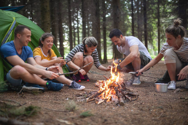 istock Friends storytelling while preparing meat at the campfire 1206720839