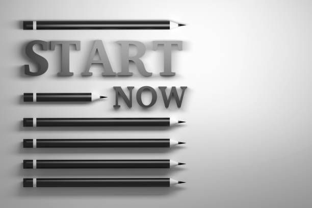 Simple concept illustration with motivational quote Start Now and black sharp pencils. 3d illustration.