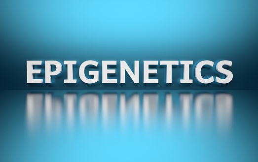 Word scientific term Epigenetics written in bold white letters on blue shiny surface. 3d illustration.