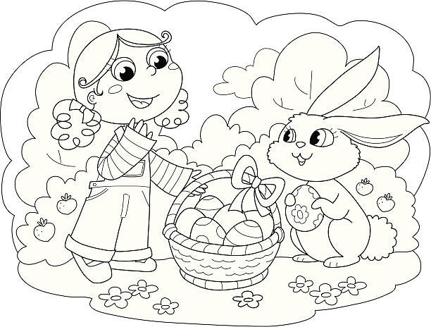 Girl with Easter Bunny Cute young girl with easter bunny and decorated eggs. Coloring illustration for kids. easter easter egg eggs basket stock illustrations