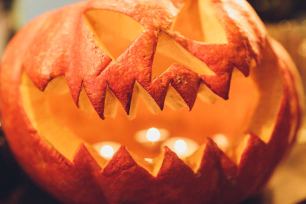 istock Halloween pumpkin lantern with dry leaves with black background. 1206725880