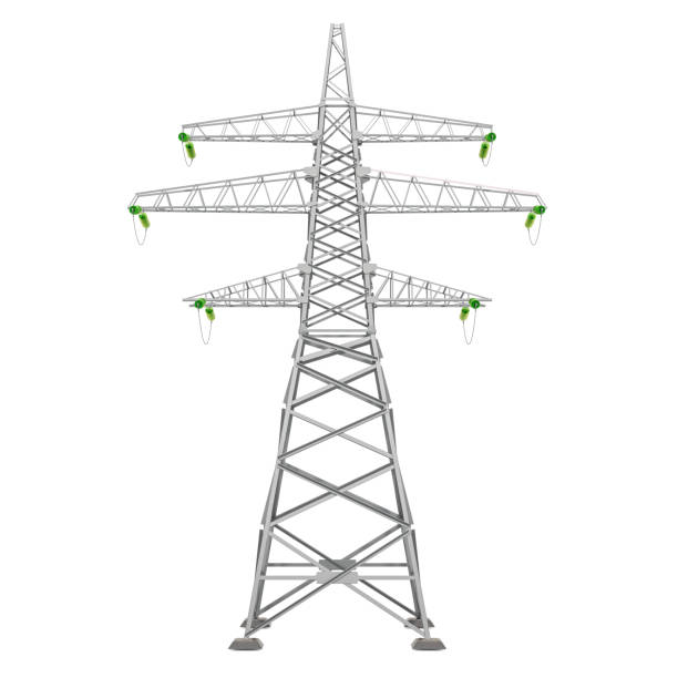 送電塔、パワータワー。白い背景に分離された 3d レンダリング - fuel and power generation power line electricity pylon built structure ストックフォトと画像