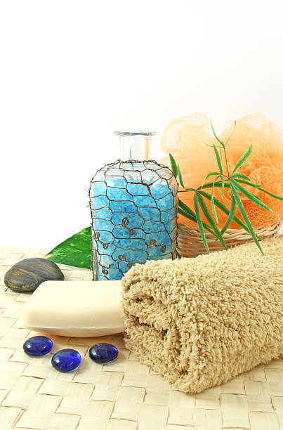 spa products - towels, sea salt, soap, stock photo
