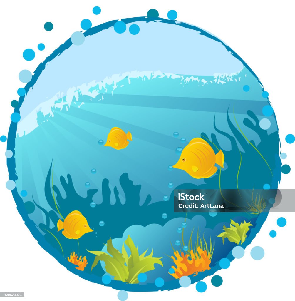 Round underwater background Round grunge underwater background with fishes, algae and corals Algae stock vector