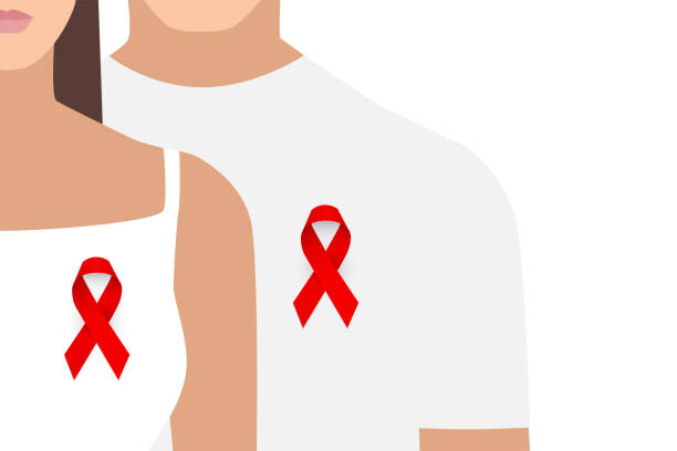 kırmızı kurdeleli kadın ve erkek. dünya aids günü. vektör çizimi - world aids day stock illustrations