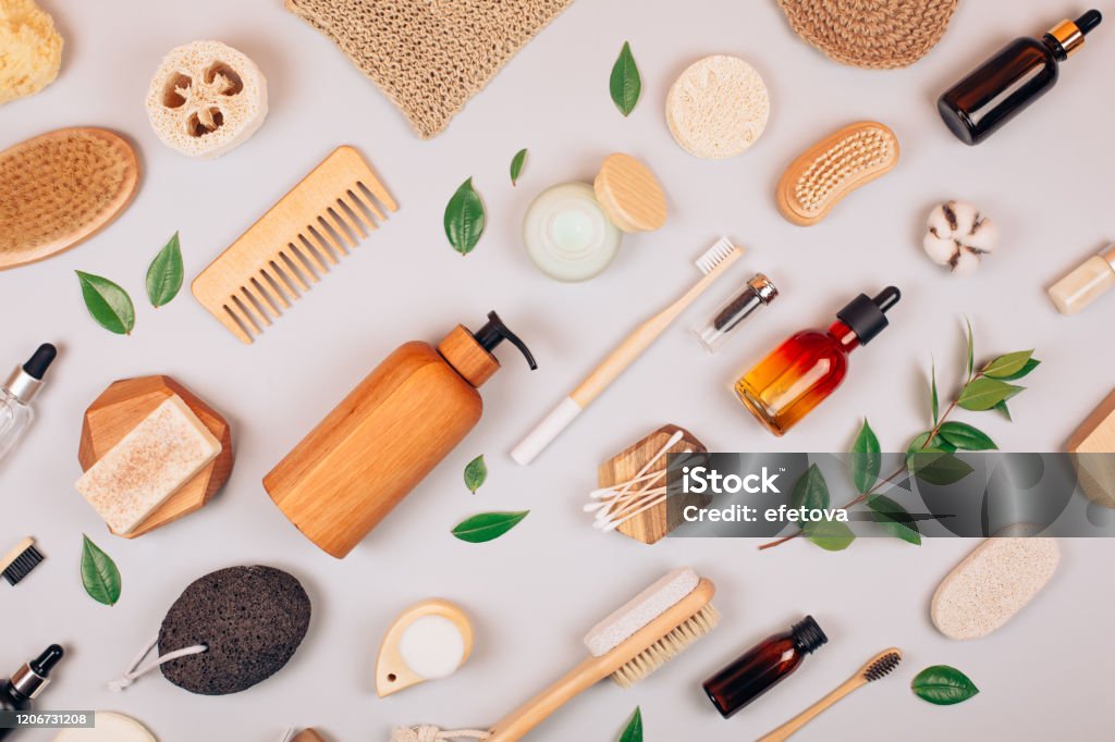 Zero waste self-care products Zero waste self-care products. Flat lay style. Sustainable Lifestyle Stock Photo