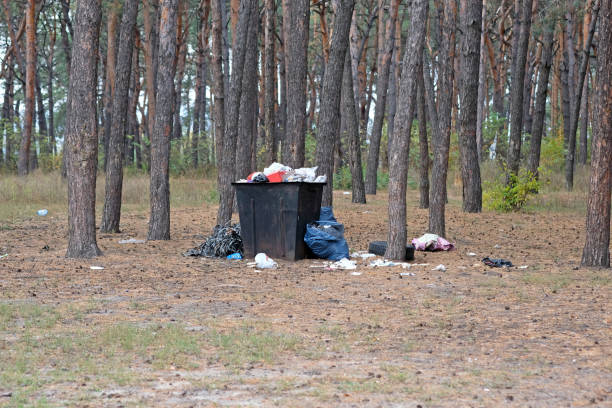 An iron litter bin stands in a coniferous forest. An iron urn is filled with garbage, garbage is lying around. Environmental protection, garbage disposal.