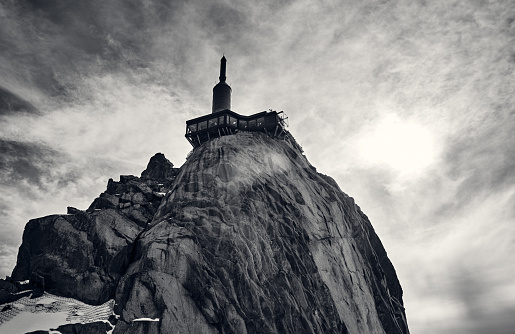 Black and white mountain landscape. The Aiguille du Midi is a mountain in the Mont Blanc massif.