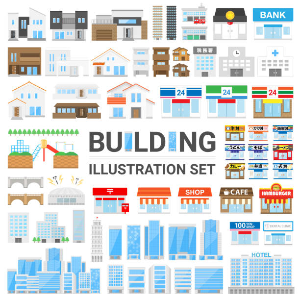 ilustraciones, imágenes clip art, dibujos animados e iconos de stock de conjunto de ilustraciones de construcción - local bank