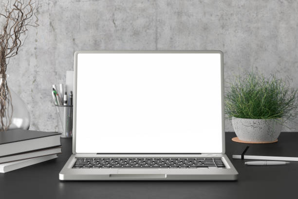 istock Workspace with blank laptop monitor 1206736264