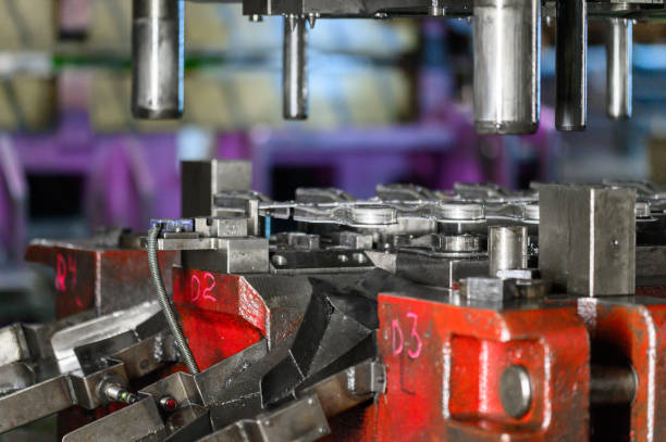 istock Sheet metal manufacturing process by hydraulic bending machine. 1206738131