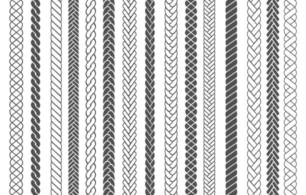 Textile braids patterns Textile braids. Braid and plait fashion patterns vector illustration for brushes, black braided threads or knitting ropes images seamless designs for fabric ornaments decoration hair grey stock illustrations