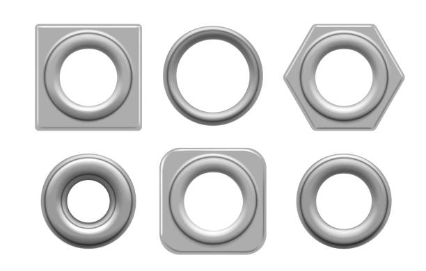 Eyelets and grommets Eyelets and grommets. Circular and square metal eyelet set vector illustration for tag design and fashion denim holes rivets isolated on white background eyelet stock illustrations