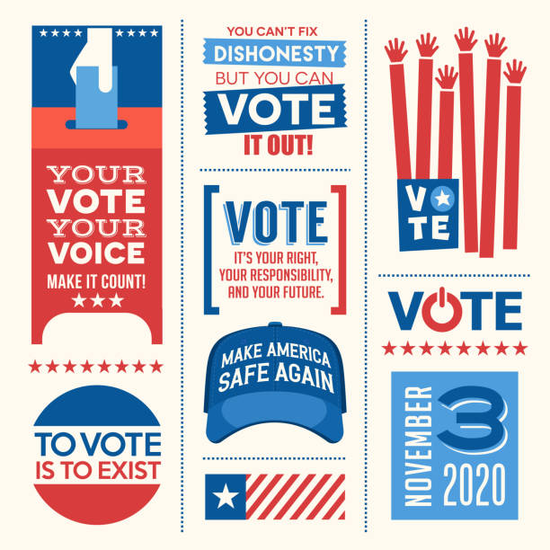 Motivational messages and design elements to promote voter participation in future United States elections. Motivational messages and design elements to promote voter participation in future United States elections. Easy to edit. Vector illustration. For web banners, cards, posters, stickers politics illustrations stock illustrations