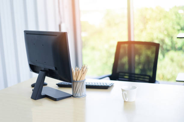 istock Desk in office with computer desktop pencils and coffee cup for designer desk - Table working place business office nature background 1206744951