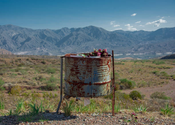 istock Rusty bin with flowers in mountainous scenery in Mendoza, Argentina 1206747901