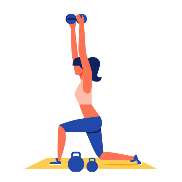 Woman Exercising with Dumbbells on Yellow Carpet. Woman Exercising with Dumbbells on Yellow Gymnastic Carpet. Sports Training for Women. Sports Clothes. Pumping Muscles. Training with Dumbbells and Weight. Vector Illustration. Healthy Lifestyle. gas pump hand stock illustrations